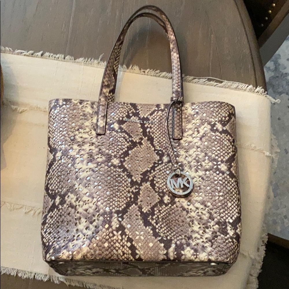 Michael Kors taupe gray snake skin & metallic tote